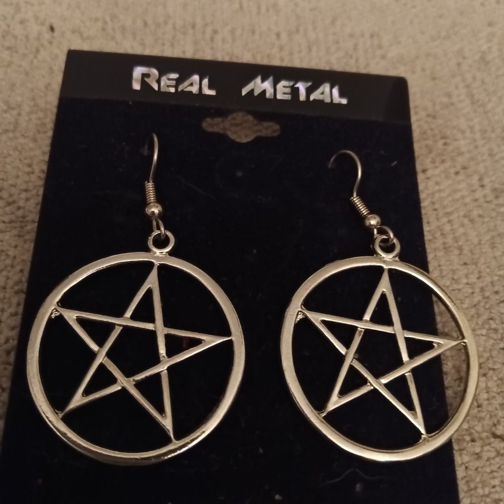 REAL METAL PENTACLE SILVER STAR EARRINGS